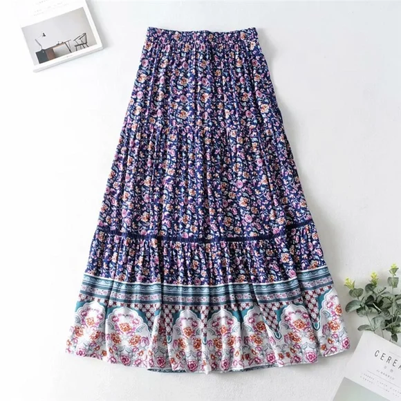013 Boho Blue Floral Print Ruffle Maxi Skirt Gypsy - Picture 5 of 11